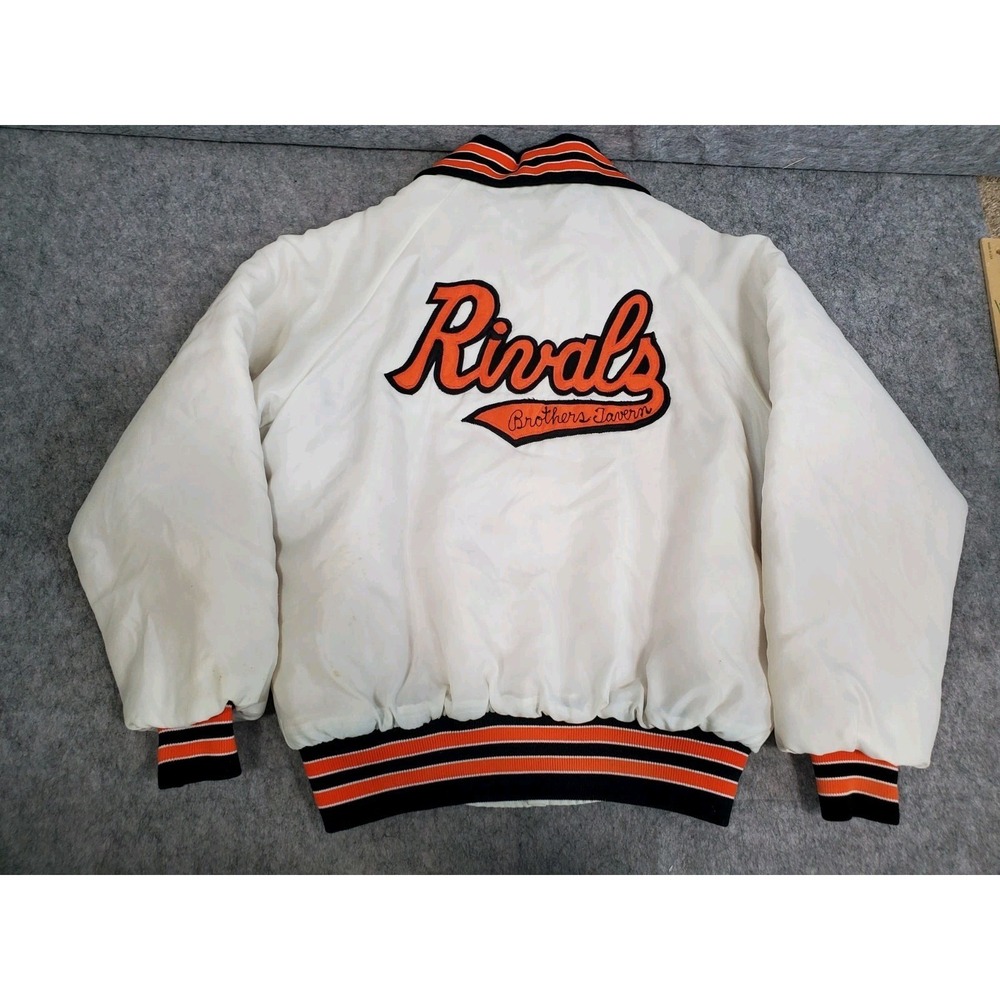 VTG Satin Bomber Jacket Illinois Baseball League Rivals Men's L Embroidered 80s